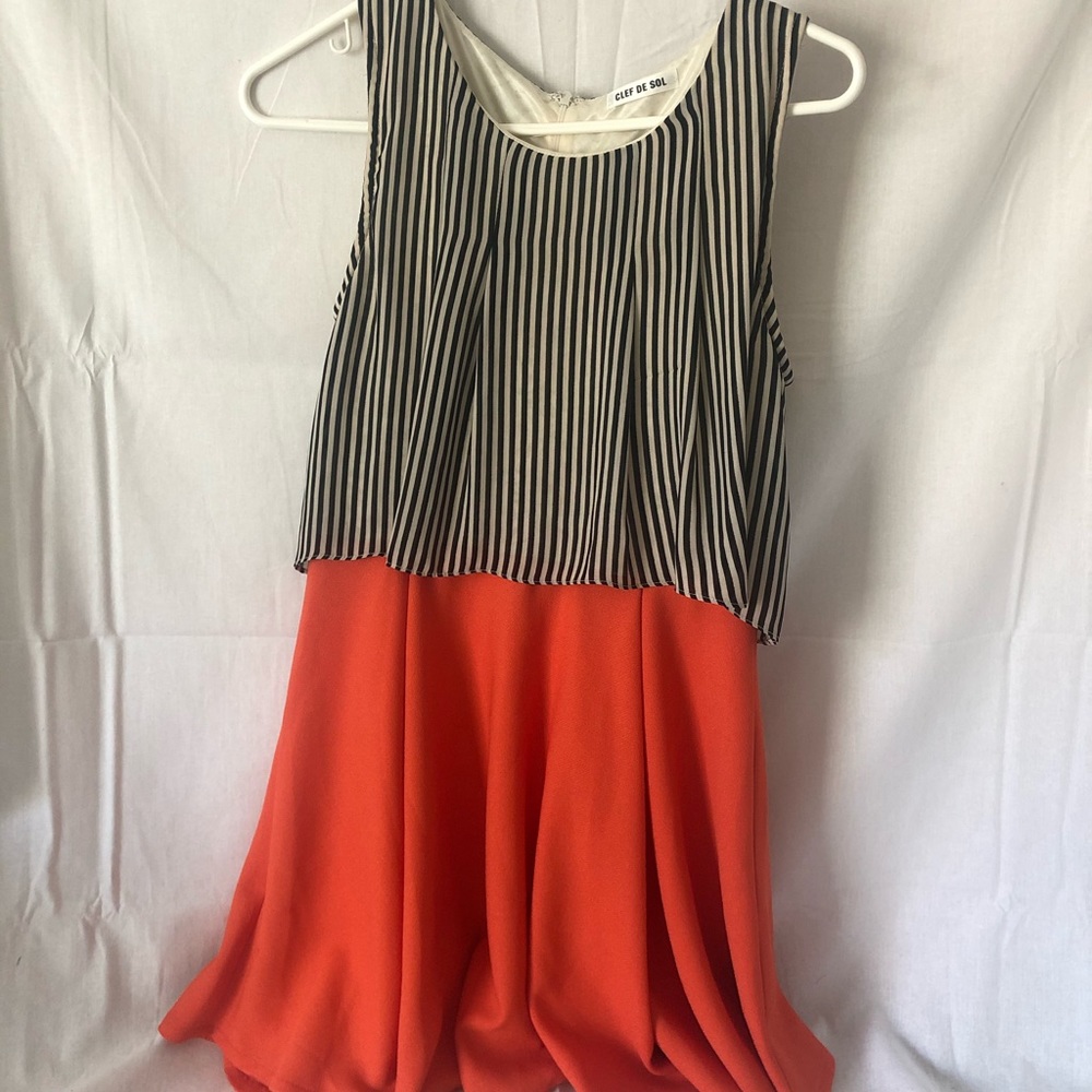 Black, White, Orange Flowy Layered Dress